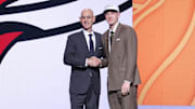 Jun 25, 2025; Brooklyn, NY, USA;  Kasparas Jakucionis stands with NBA commissioner Adam Silver after being selected as the 20th pick by the Miami Heat in the first round of the 2025 NBA Draft at Barclays Center. Mandatory Credit: Brad Penner-Imagn Images
