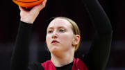 Apr 4, 2024; Cleveland, OH, USA; NC State Wolfpack forward Maddie Cox (11) during practice at Rocket Mortgage FieldHouse. Mandatory Credit: Kirby Lee-Imagn Images