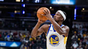 Nov 1, 2025; Indianapolis, Indiana, USA;  Golden State Warriors forward Jimmy Butler III (10) shoots the ball in the first half  against the Indiana Pacers at Gainbridge Fieldhouse. Mandatory Credit: Trevor Ruszkowski-Imagn Images