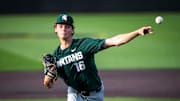Michigan State's Joseph Dzierwa delivers a pitch during a NCAA Big Ten Conference baseball game against Iowa, Friday, May 12, 2023, at Duane Banks Field in Iowa City, Iowa.