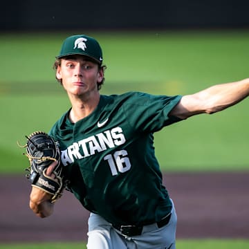 Michigan State's Joseph Dzierwa delivers a pitch during a NCAA Big Ten Conference baseball game against Iowa, Friday, May 12, 2023, at Duane Banks Field in Iowa City, Iowa.