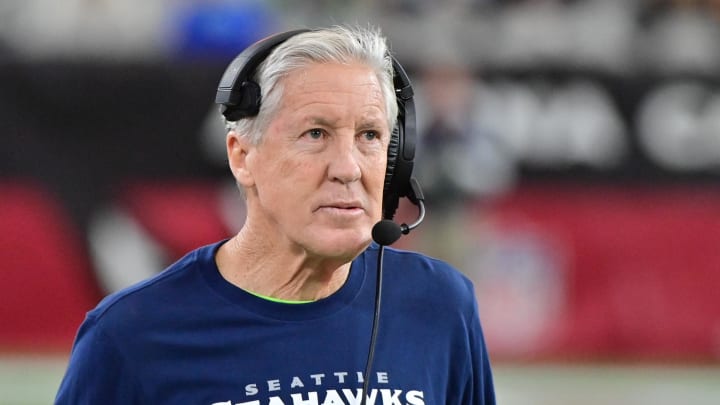 Jan 7, 2024; Glendale, Arizona, USA; Seattle Seahawks head coach Pete Carroll looks on in the second half against the Arizona Cardinals at State Farm Stadium. Mandatory Credit: Matt Kartozian-USA TODAY Sports