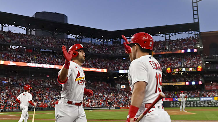 May 3, 2023; St. Louis, Missouri, USA;  St. Louis Cardinals center fielder Dylan Carlson (3) is congratulated by shortstop Tommy Edman (19) after hitting a two run home run against the Los Angeles Angels during the fourth inning at Busch Stadium. Mandatory Credit: Jeff Curry-USA TODAY Sports