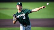 Michigan State's Joseph Dzierwa delivers a pitch during a NCAA Big Ten Conference baseball game against Iowa, Friday, May 12, 2023, at Duane Banks Field in Iowa City, Iowa.