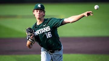 Michigan State's Joseph Dzierwa delivers a pitch during a NCAA Big Ten Conference baseball game against Iowa, Friday, May 12, 2023, at Duane Banks Field in Iowa City, Iowa.