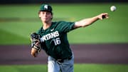 Michigan State's Joseph Dzierwa delivers a pitch during a NCAA Big Ten Conference baseball game against Iowa, Friday, May 12, 2023, at Duane Banks Field in Iowa City, Iowa.
