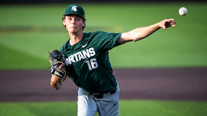 Michigan State's Joseph Dzierwa delivers a pitch during a NCAA Big Ten Conference baseball game against Iowa, Friday, May 12, 2023, at Duane Banks Field in Iowa City, Iowa.