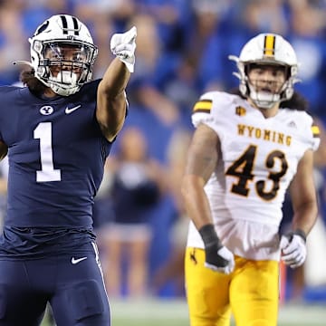 Sep 24, 2022; Provo, Utah, USA; Brigham Young Cougars wide receiver Keanu Hill (1) reacts after making a first down against the Wyoming Cowboys in the second quarter at LaVell Edwards Stadium.