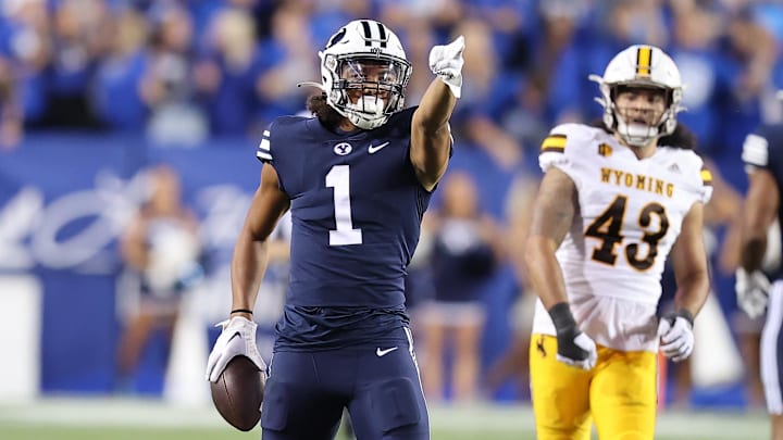 Sep 24, 2022; Provo, Utah, USA; Brigham Young Cougars wide receiver Keanu Hill (1) reacts after making a first down against the Wyoming Cowboys in the second quarter at LaVell Edwards Stadium.