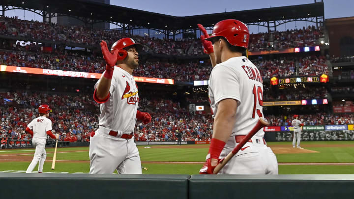 May 3, 2023; St. Louis, Missouri, USA;  St. Louis Cardinals center fielder Dylan Carlson (3) is congratulated by shortstop Tommy Edman (19) after hitting a two run home run against the Los Angeles Angels during the fourth inning at Busch Stadium. Mandatory Credit: Jeff Curry-USA TODAY Sports