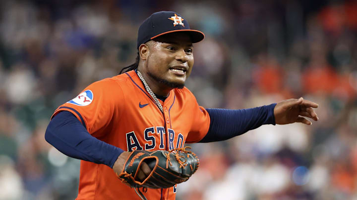 Aug 30, 2024; Houston, Texas, USA; Houston Astros starting pitcher Framber Valdez (59) reacts to a pitch against the Kansas City Royals in the seventh inning at Minute Maid Park. Mandatory Credit: Thomas Shea-Imagn Images