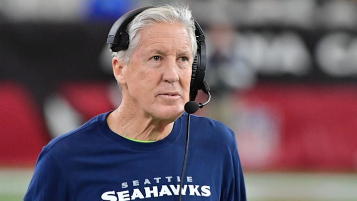 Jan 7, 2024; Glendale, Arizona, USA; Seattle Seahawks head coach Pete Carroll looks on in the second half against the Arizona Cardinals at State Farm Stadium. Mandatory Credit: Matt Kartozian-Imagn Images