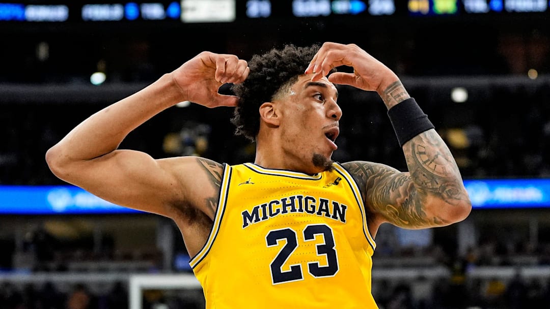 Michigan forward Yaxel Lendeborg (23) reacts being called a personal foul against him during the first half of Big Ten Tournament final against Purdue at United Center in Chicago on Sunday, March 15, 2026.