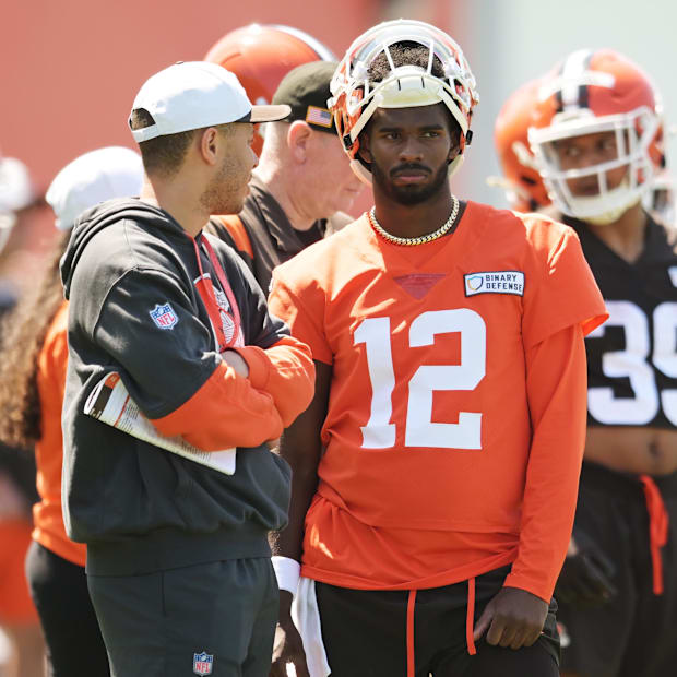 May 10, 2025; Berea, OH, USA; Cleveland Browns quarterback Shedeur Sanders (12) waits his turn for a drill during rookie mini