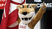 Jan 13, 2024; Pullman, Washington, USA; Washington State Cougars mascot looks on before a game against the Arizona Wildcats at Friel Court at Beasley Coliseum. Mandatory Credit: James Snook-Imagn Images