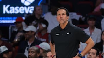 Apr 28, 2025; Miami, Florida, USA; Miami Heat head coach Erik Spoelstra looks on from the sideline against the Cleveland Cavaliers in the fourth quarter during game four for the first round of the 2025 NBA Playoffs at Kaseya Center. Mandatory Credit: Sam Navarro-Imagn Images
