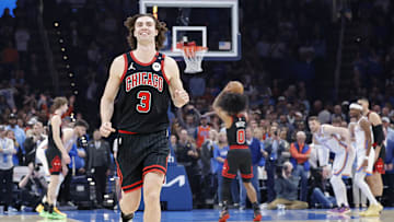 Mar 31, 2025; Oklahoma City, Oklahoma, USA; Chicago Bulls guard Josh Giddey (3) runs down the court