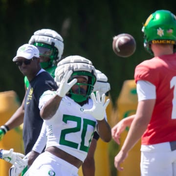 Oregon running back Jordan James makes a catch during the Ducks’ fall camp Tuesday, Aug. 6, 2024, at the Hatfield-Dowlin Complex in Eugene, Ore.