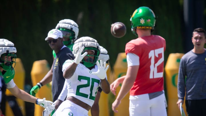 Oregon running back Jordan James makes a catch during the Ducks’ fall camp Tuesday, Aug. 6, 2024, at the Hatfield-Dowlin Complex in Eugene, Ore.