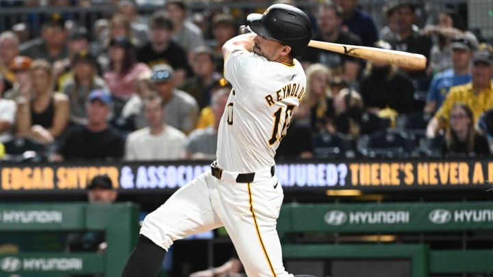 Aug 3, 2024; Pittsburgh, Pennsylvania, USA;  Pittsburgh Pirates batter Bryan Reynolds hits a home run against the Arizona Diamondbacks in the sixth inning at PNC Park. Mandatory Credit: Philip G. Pavely-USA TODAY Sports