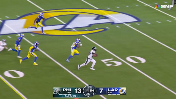 Philadelphia Eagles RB Saquon Barkley runs for a touchdown against the Los Angeles Rams on Nov. 24, 2024. Philadelphia Eagles RB Saquon Barkley runs for a touchdown against the Los Angeles Rams on Nov. 24, 2024.
