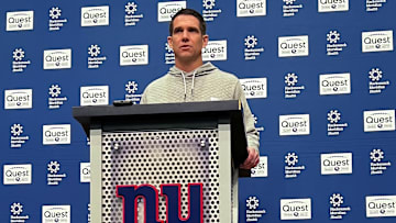 Apr 16, 2025: New York Giants general manager Joe Schoen addresses the media during his annual draft preview press briefing.