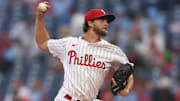 May 14, 2025; Philadelphia, Pennsylvania, USA; Philadelphia Phillies pitcher Aaron Nola (27) throws a pitch during the first inning against the St. Louis Cardinals at Citizens Bank Park.