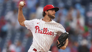May 14, 2025; Philadelphia, Pennsylvania, USA; Philadelphia Phillies pitcher Aaron Nola (27) throws a pitch during the first inning against the St. Louis Cardinals at Citizens Bank Park.