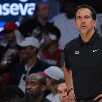 Apr 28, 2025; Miami, Florida, USA; Miami Heat head coach Erik Spoelstra looks on from the sideline against the Cleveland Cavaliers in the fourth quarter during game four for the first round of the 2025 NBA Playoffs at Kaseya Center. Mandatory Credit: Sam Navarro-Imagn Images