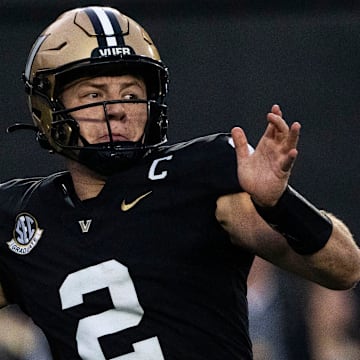 Vanderbilt Commodores quarterback Diego Pavia (2) throws to an open teammate against South Carolina Gamecocks during the first half FirstBank Stadium in Nashville, Tenn., Saturday, Nov. 9, 2024.