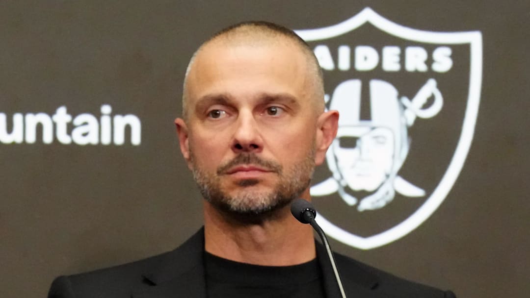 Feb 10, 2026; Henderson, NV, USA;  Las Vegas Raiders coach Klint Kubiak (left) and general manager John Spytek at introductory press conference at Intermountain Health Performance Center. Mandatory Credit: Kirby Lee-Imagn Images