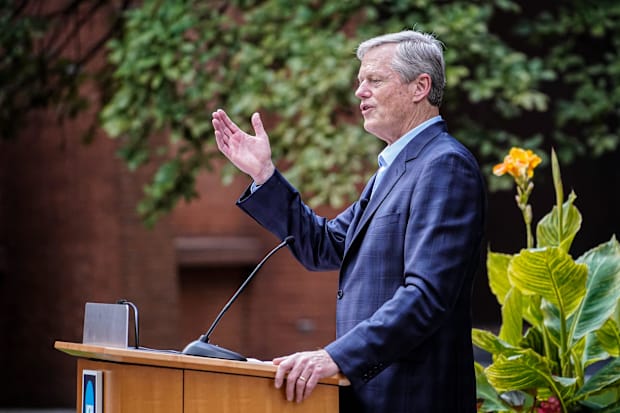 President of the NCAA, Charlie Baker speaks during a press conference.