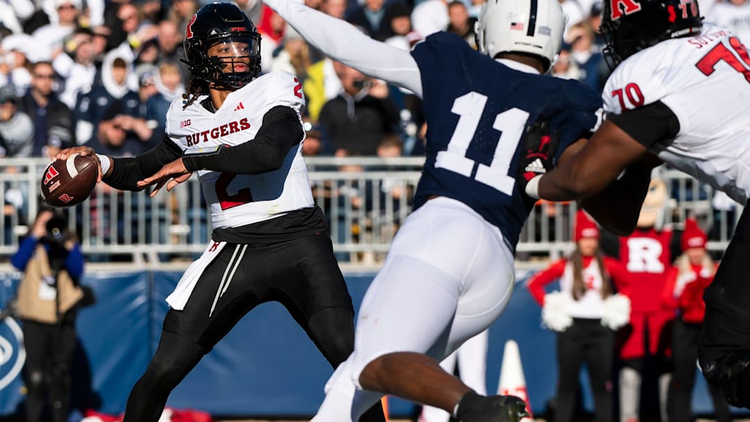 Rutgers quarterback Gavin Wimsatt (2) stands in the pocket to pass in the second half of an NCAA football game against Penn State Saturday, Nov. 18, 2023, in State College, Pa. The Nittany Lions won, 27-6.