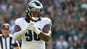 Sep 21, 2025; Philadelphia, Pennsylvania, USA; Philadelphia Eagles defensive tackle Jalen Carter (98) against the Los Angeles Rams at Lincoln Financial Field. 