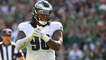 Sep 21, 2025; Philadelphia, Pennsylvania, USA; Philadelphia Eagles defensive tackle Jalen Carter (98) against the Los Angeles Rams at Lincoln Financial Field. Mandatory Credit: Eric Hartline-Imagn Images