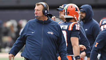 Nov 1, 2025; Champaign, Illinois, USA;  Illinois Fighting Illini head coach Bret Bielema on the sidelines during the second half against the Rutgers Scarlet Knights at Memorial Stadium. Mandatory Credit: Ron Johnson-Imagn Images