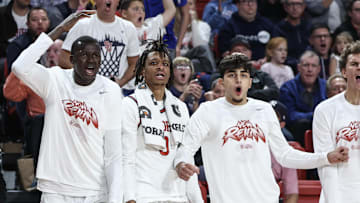 Nov 9, 2024; Queens, New York, USA;  The St. John's basketball bench reacts to a play in the second half against the Quinnipiac Bobcats at Carnesecca Arena.