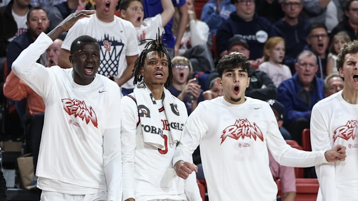 Nov 9, 2024; Queens, New York, USA;  The St. John's basketball bench reacts to a play in the second half against the Quinnipiac Bobcats at Carnesecca Arena.