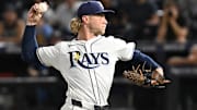 Aug 19, 2025; St. Petersburg, Florida, USA; Tampa Bay Rays starting pitcher Shane Baz (11) throws a pitch in the first inning against the New York Yankees  at George M. Steinbrenner Field. Mandatory Credit: Jonathan Dyer-Imagn Images