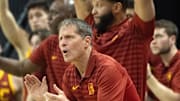 USC coach Eric Musselman cheers his team during the first half against Oregon at Matthew Knight Arena Saturday, March 1, 2025.