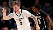 Vanderbilt guard Tyler Nickel (5) celebrates 3 points against Mississippi State during the first half at Memorial Gymnasium in Nashville, Tenn., Tuesday, Jan. 7, 2025.