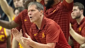 USC coach Eric Musselman cheers his team during the first half against Oregon at Matthew Knight Arena Saturday, March 1, 2025.