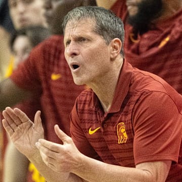 USC coach Eric Musselman cheers his team during the first half against Oregon at Matthew Knight Arena Saturday, March 1, 2025.