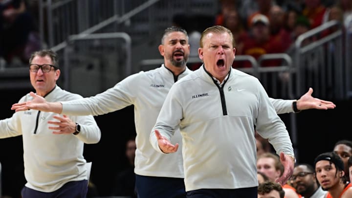 Mar 23, 2025; Milwaukee, WI, USA;  Illinois Fighting Illini head coach Brad Underwood reacts during the second half in the second round of the NCAA Tournament against the Kentucky Wildcats at Fiserv Forum. Mandatory Credit: Benny Sieu-Imagn Images