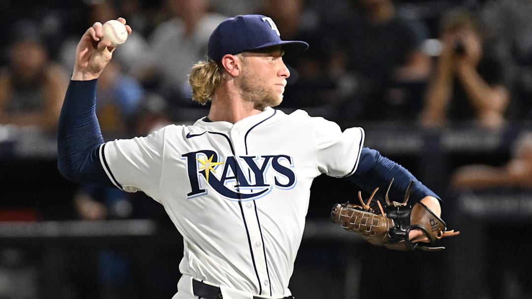 Aug 19, 2025; St. Petersburg, Florida, USA; Tampa Bay Rays starting pitcher Shane Baz (11) throws a pitch in the first inning against the New York Yankees  at George M. Steinbrenner Field. 