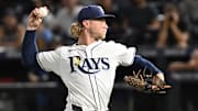 Aug 19, 2025; St. Petersburg, Florida, USA; Tampa Bay Rays starting pitcher Shane Baz (11) throws a pitch in the first inning against the New York Yankees  at George M. Steinbrenner Field. 