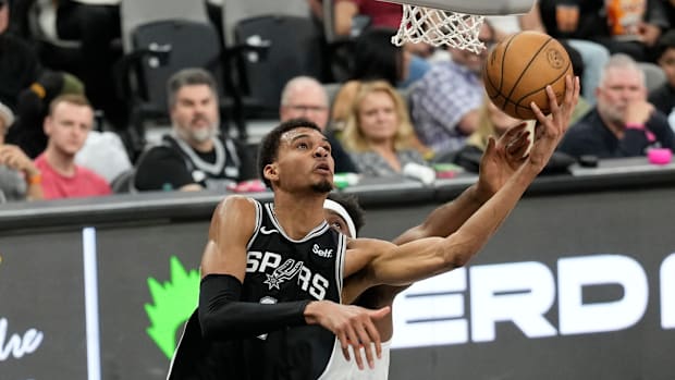 Mar 29, 2024; San Antonio, Texas, USA; San Antonio Spurs forward Victor Wembanyama (1) drives to the basket during the first 