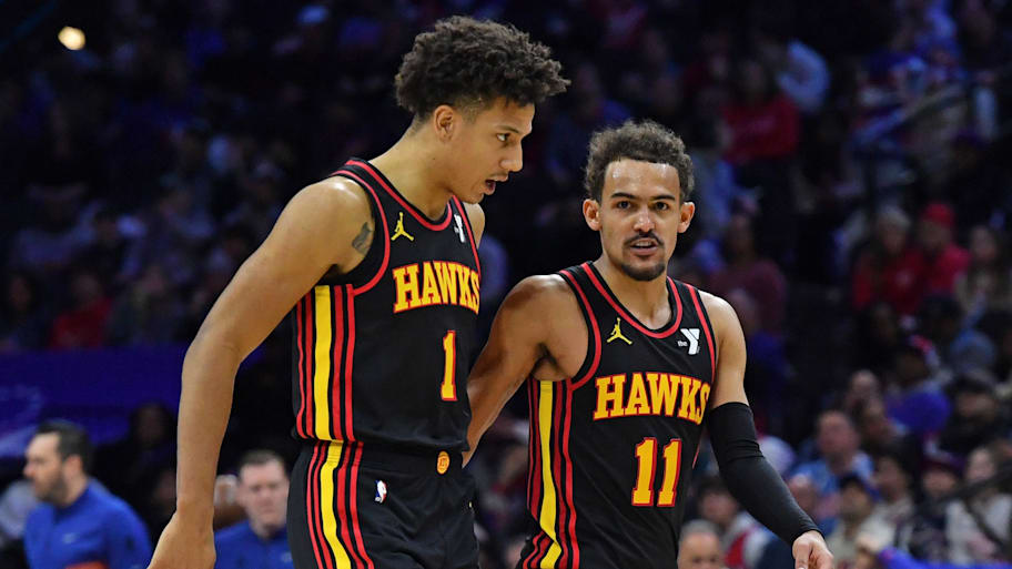 Atlanta Hawks forward Jalen Johnson and guard Trae Young against the Philadelphia 76ers.