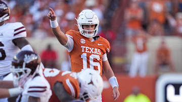 Sep 28, 2024; Austin, Texas, USA;  Texas Longhorns quarterback Arch Manning (16) signals first down in the second half against the Mississippi State Bulldogs at Darrell K Royal-Texas Memorial Stadium. Mandatory Credit: Daniel Dunn-Imagn Images