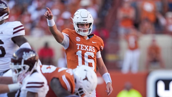 Sep 28, 2024; Austin, Texas, USA; Texas Longhorns quarterback Arch Manning (16) signals first down in the second half against the Mississippi State Bulldogs at Darrell K Royal-Texas Memorial Stadium. Mandatory Credit: Daniel Dunn-Imagn Images Sep 28, 2024; Austin, Texas, USA; Texas Longhorns quarterback Arch Manning (16) signals first down in the second half against the Mississippi State Bulldogs at Darrell K Royal-Texas Memorial Stadium. Mandatory Credit: Daniel Dunn-Imagn Images